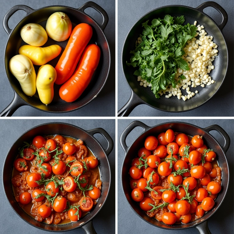 Passo a passo do preparo do ratatouille: legumes sendo cortados e refogados.