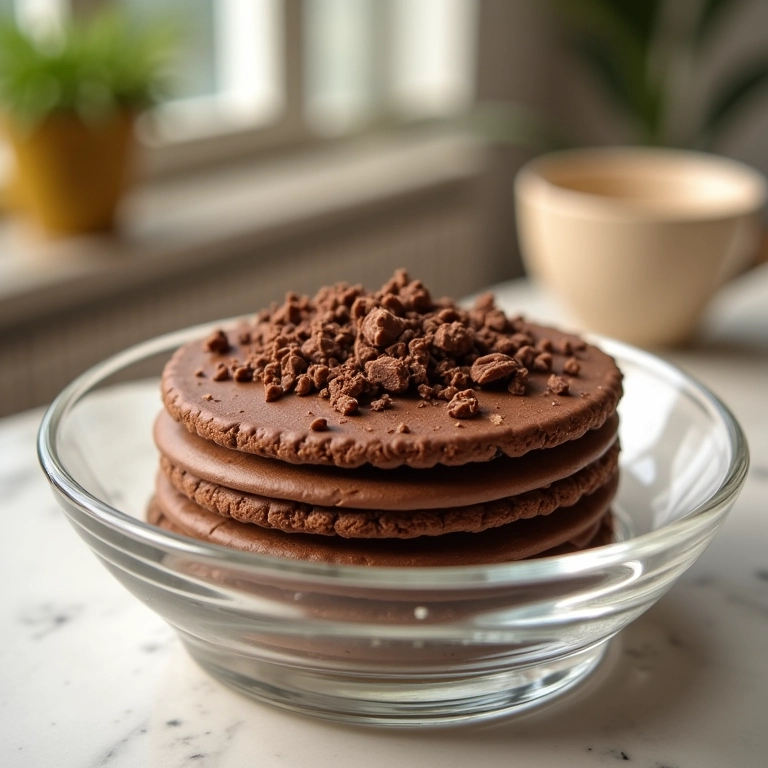 Pavê de chocolate com biscoito servido em travessa de vidro.