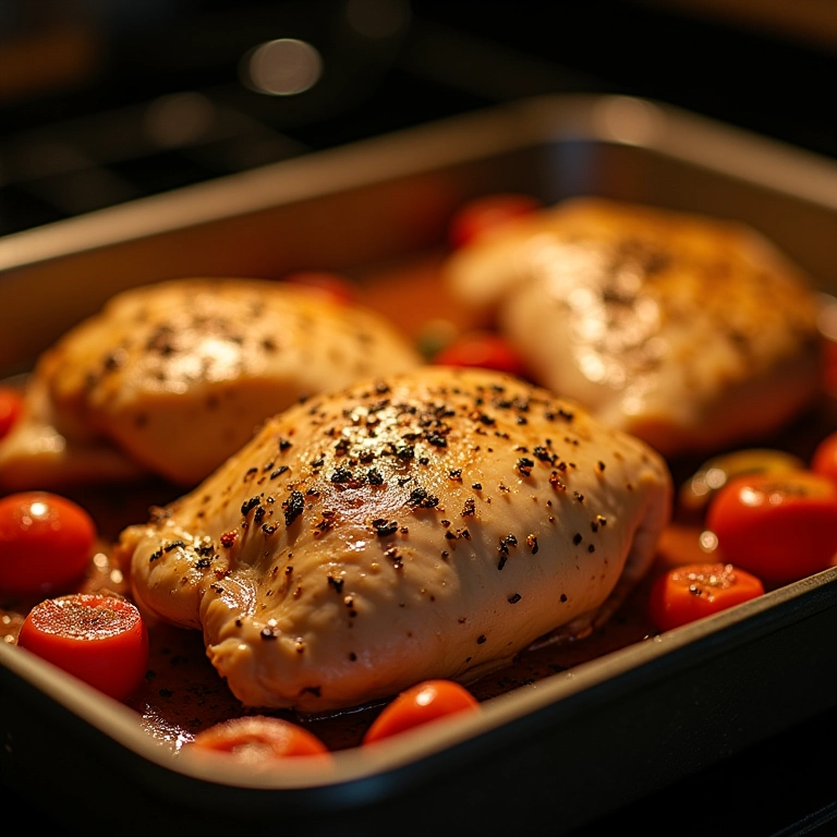 Peitos de frango assando no forno com legumes em assadeira.