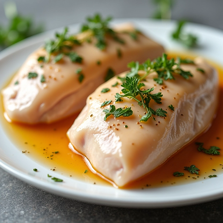 Peitos de frango cozidos em prato com caldo e ervas frescas.