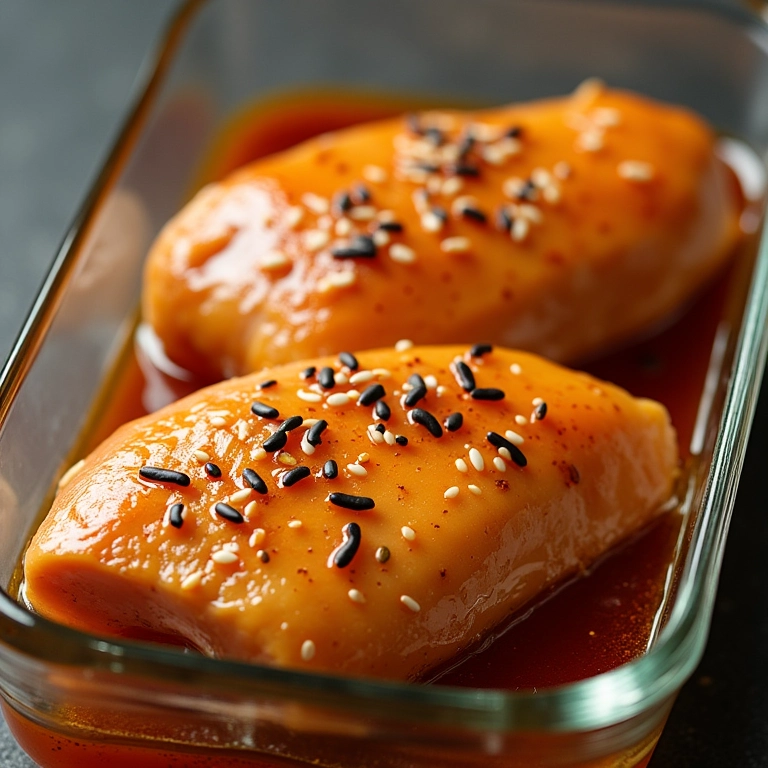 Peitos de frango em marinada de shoyu e mel em recipiente de vidro.