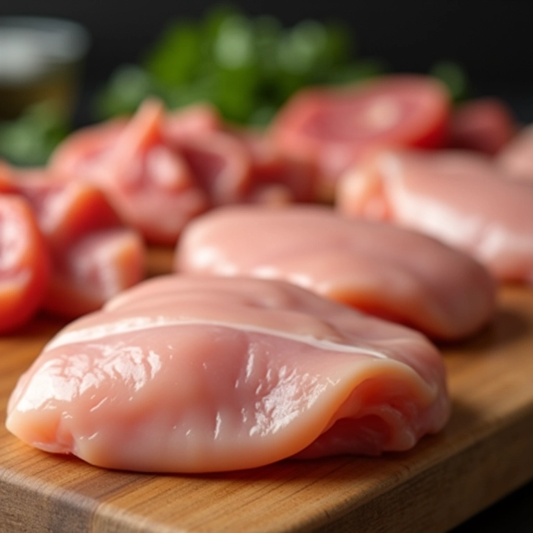 Peitos de frango frescos em uma tábua de corte, diferentes cortes.