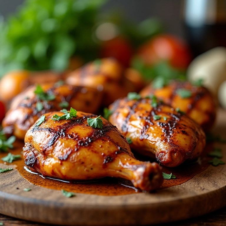 Peitos de frango grelhados e suculentos em uma mesa de cozinha vibrante.