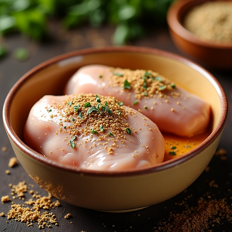 Peitos de frango marinando em iogurte e especiarias em uma tigela de cerâmica.