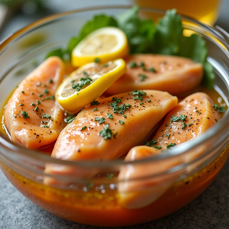 Peitos de frango marinando em limão e ervas em uma tigela de vidro.