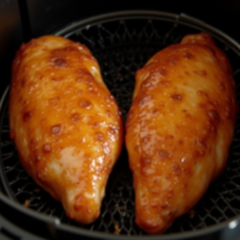 Peitos de frango na airfryer, dourados e com pele crocante.