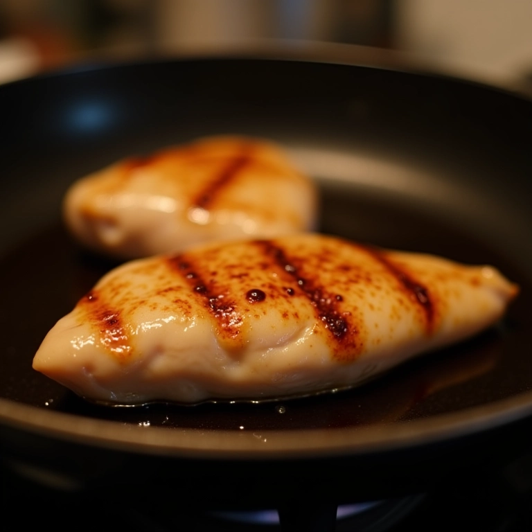 Peitos de frango selando em frigideira quente com azeite.