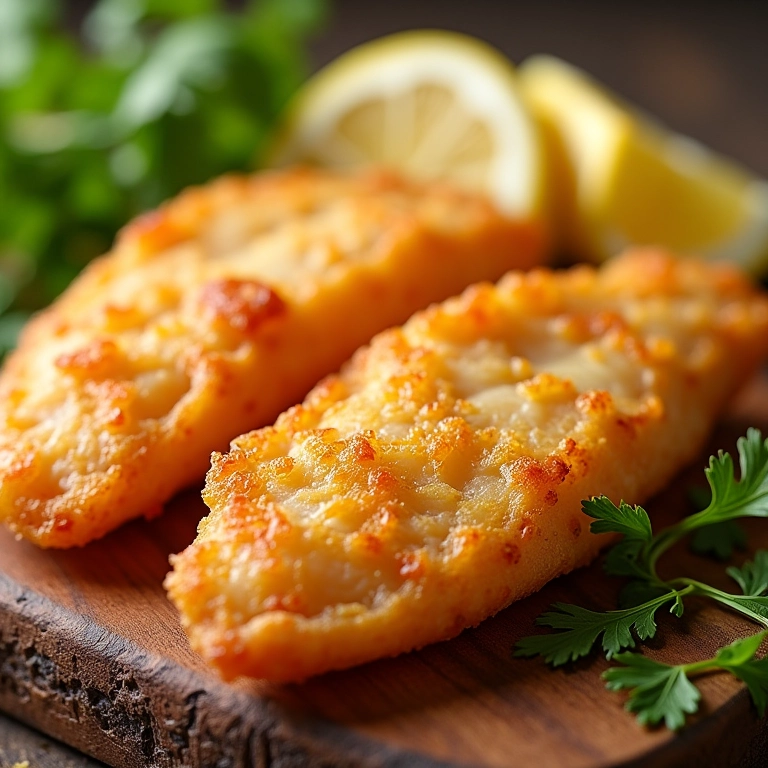 Peixe empanado crocante em tábua de madeira com limão e salsinha.