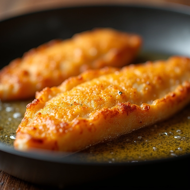 Peixe empanado fritando em óleo quente, ficando crocante.