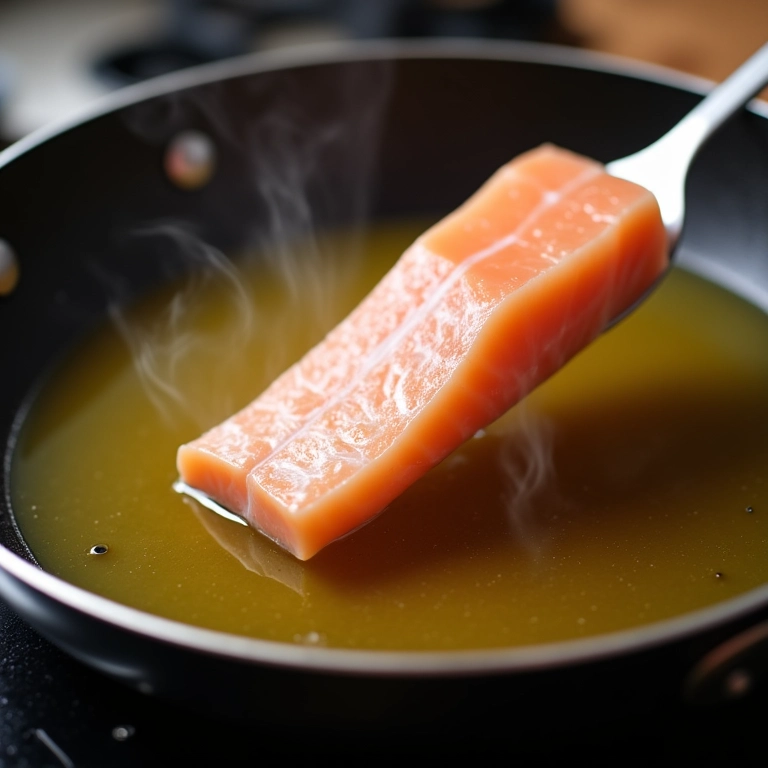 Peixe empanado sendo frito em óleo quente na frigideira.