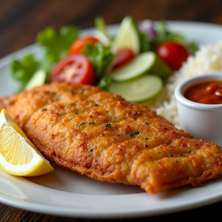 Peixe empanado servido com limão, molho tártaro, arroz e salada.