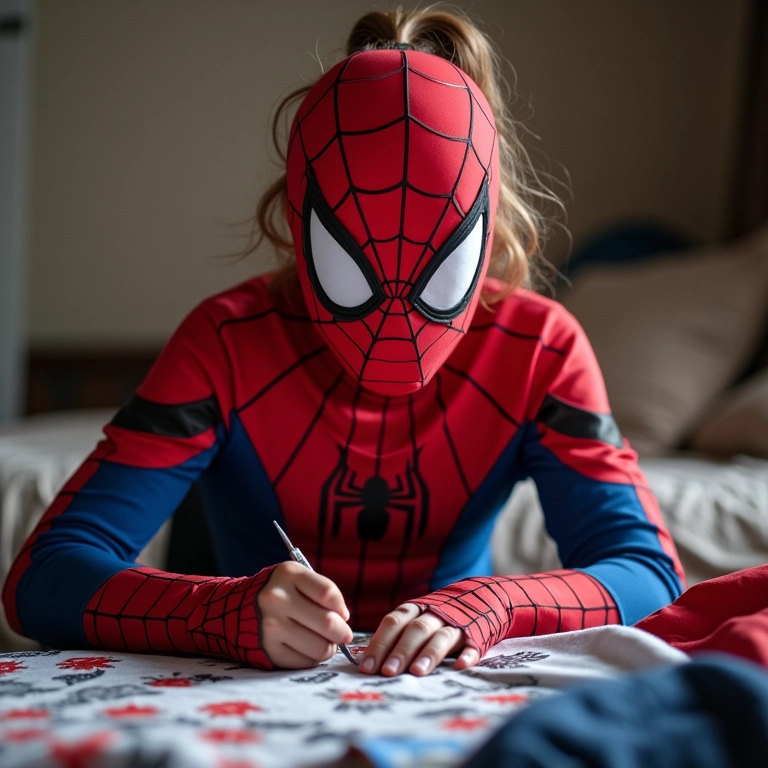 Pessoa costurando fantasia do Homem-Aranha em casa.