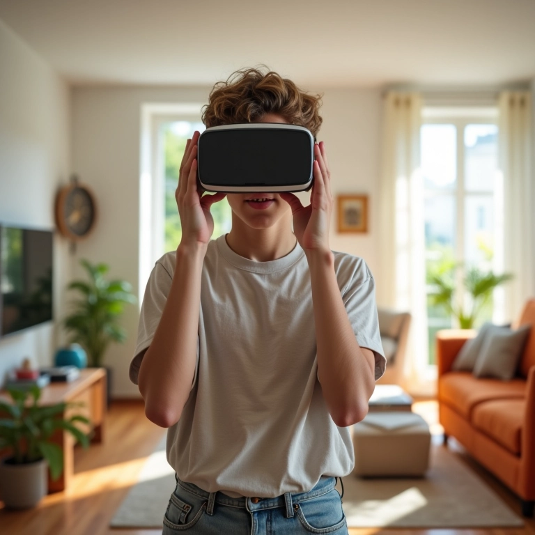 Pessoa usando Google Cardboard em sala de estar iluminada.