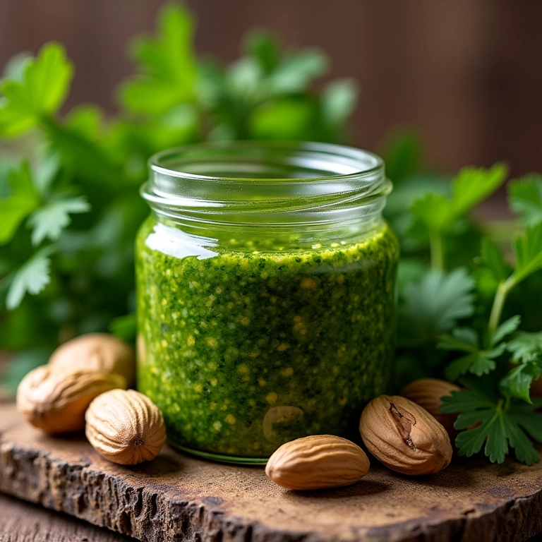 Pesto de talos de salsinha fresco em pote de vidro.