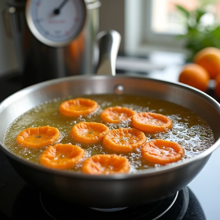 Petiscos sendo fritos em óleo de girassol em cozinha moderna.