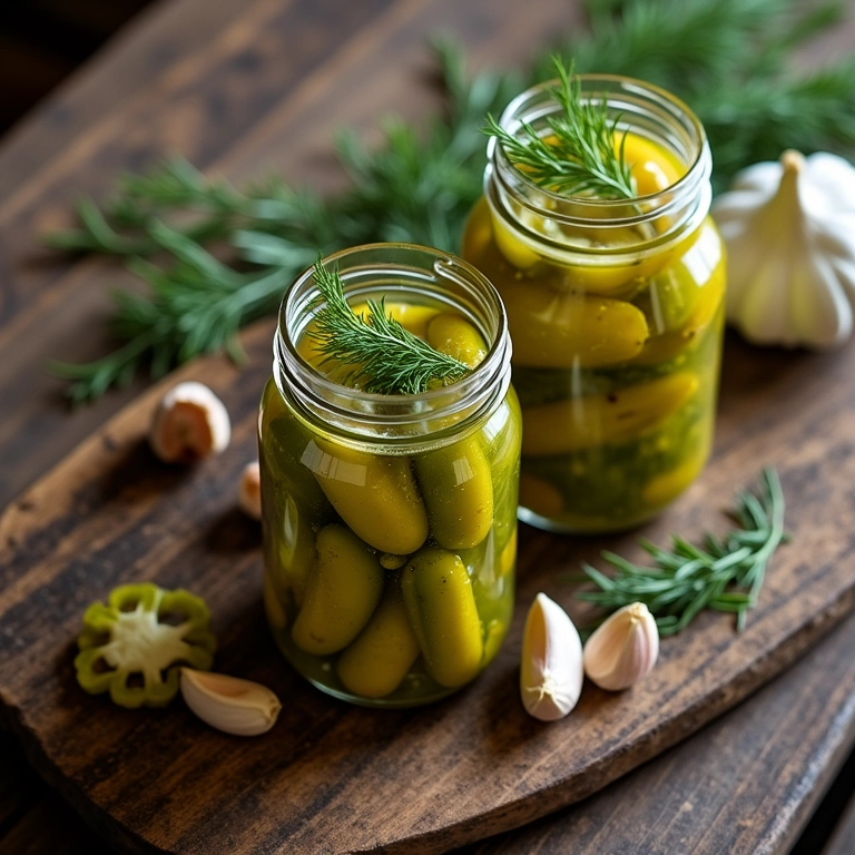 Picles de pepino caseiros em potes de vidro sobre mesa rústica.