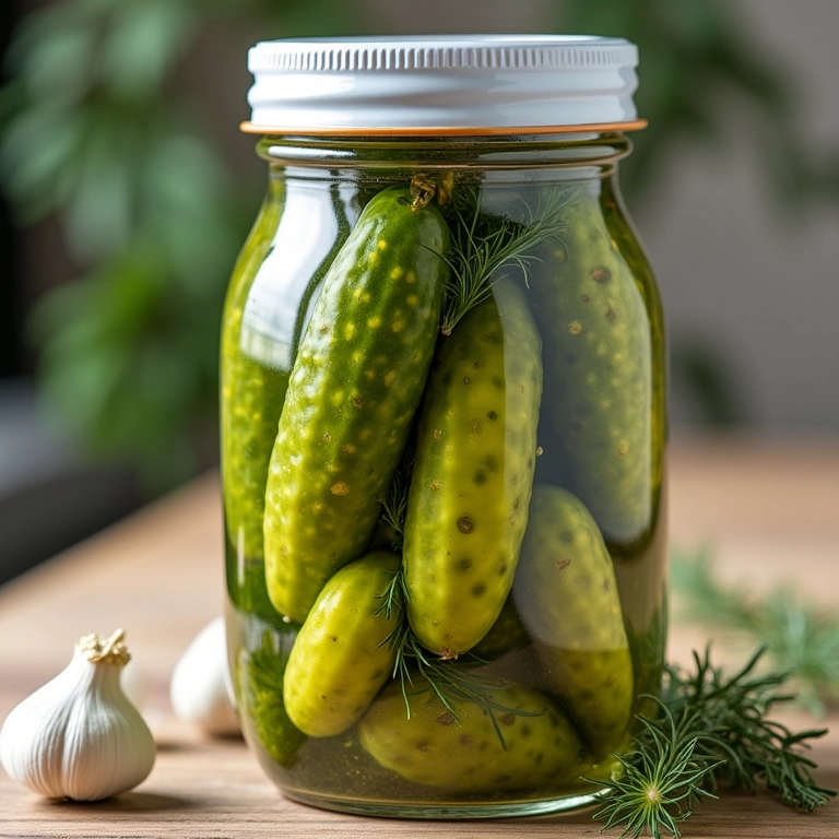 Picles de pepino crocantes em conserva com endro e alho.