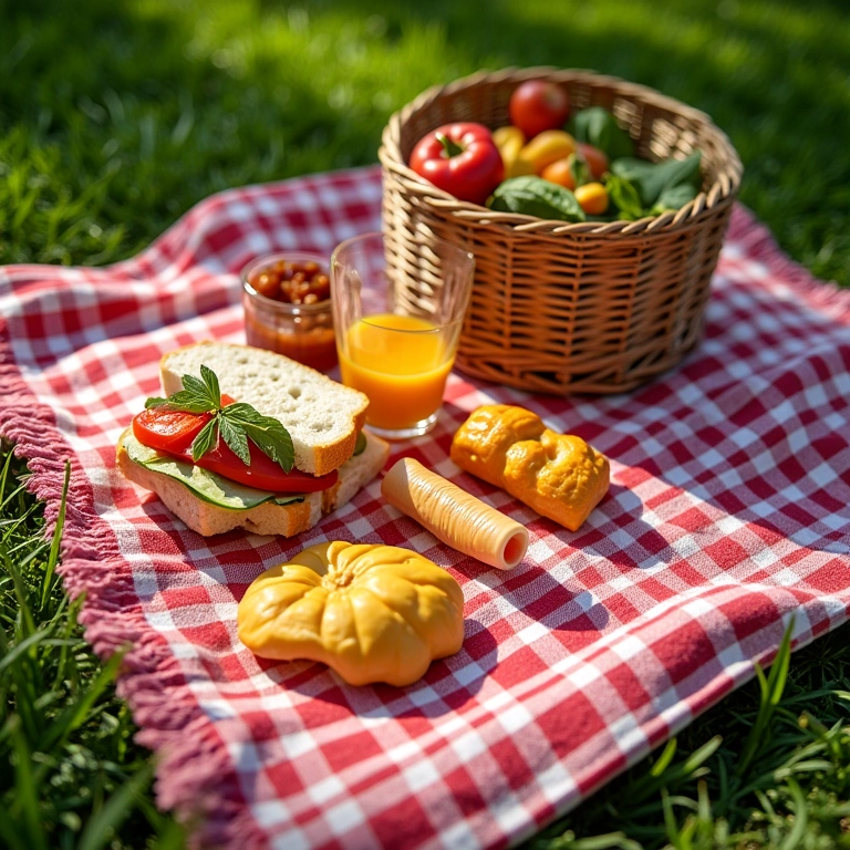 Piquenique ensolarado com comidas fáceis de transportar.