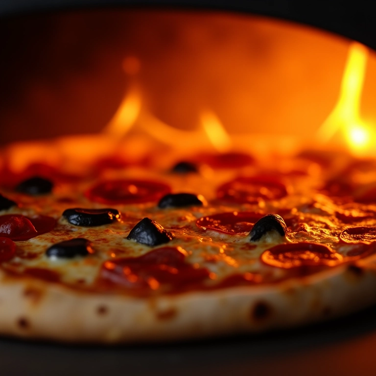 Pizza assando em forno a lenha.