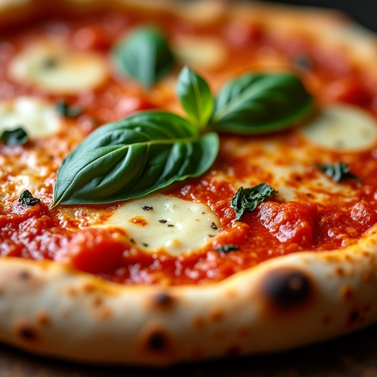 Pizza caseira de massa fina e crocante com manjericão fresco.