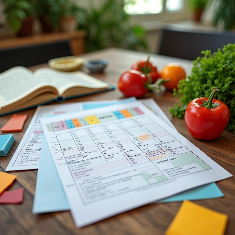 Planejamento de refeições semanais em mesa rústica.