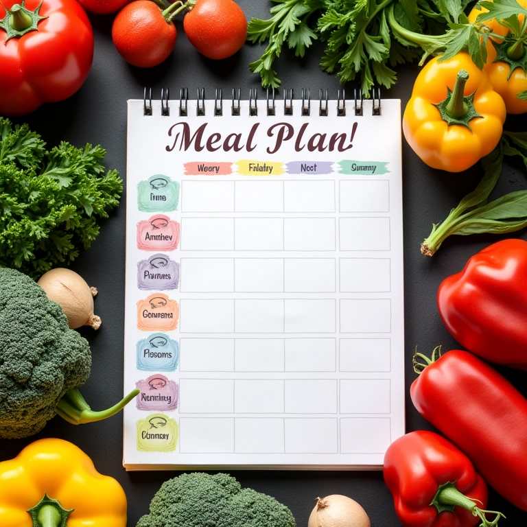 Plano de refeições semanal colorido em bloco de notas com ingredientes frescos.