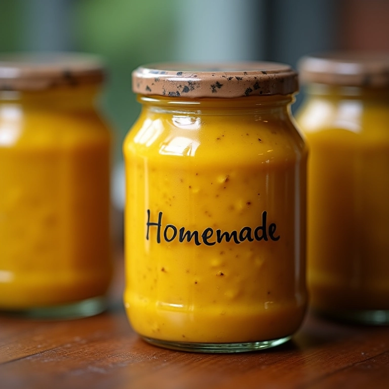 Potes de mostarda caseira com diferentes tonalidades e picâncias.