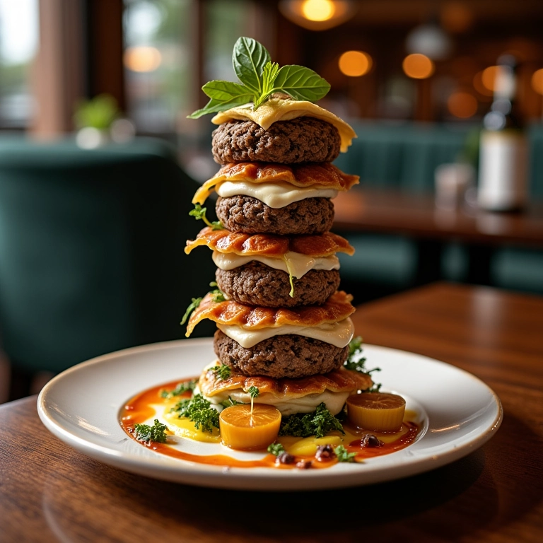 Prato com apresentação vertical elegante, destacando a altura e sofisticação.