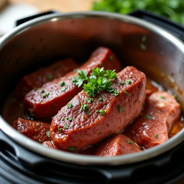 Prato de carne na panela de pressão finalizado com salsinha.