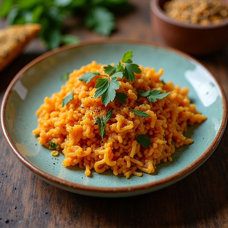 Prato de cerâmica rústica com prato brasileiro vibrante e apetitoso.