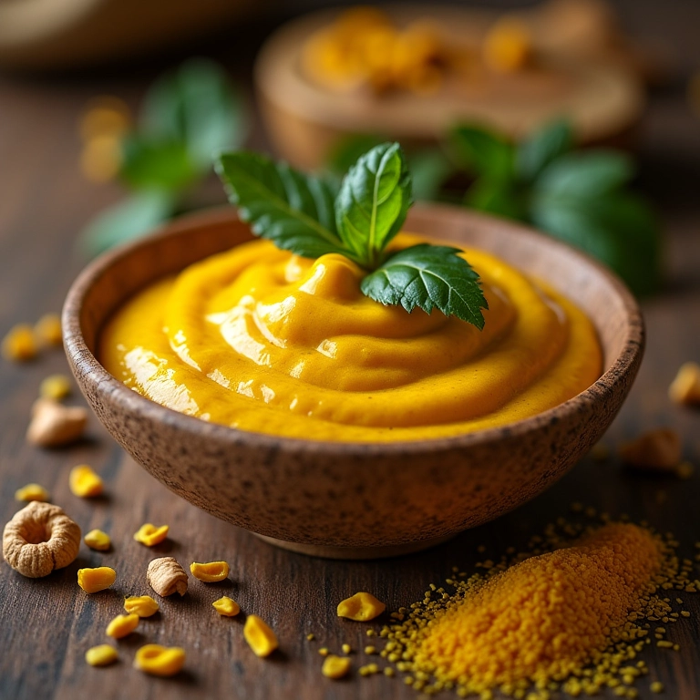 Preparação de mostarda caseira com ingredientes frescos e coloridos.