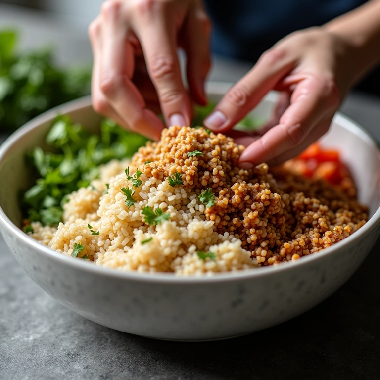 Preparando a base do bowl com quinoa e arroz.