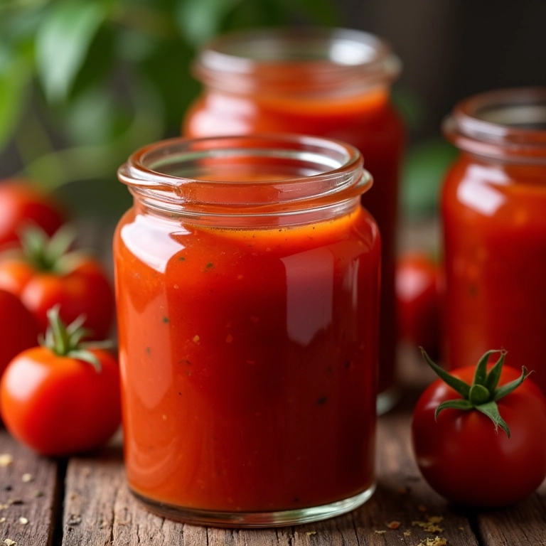 Preparando ketchup caseiro com ingredientes frescos em uma mesa de madeira rústica.