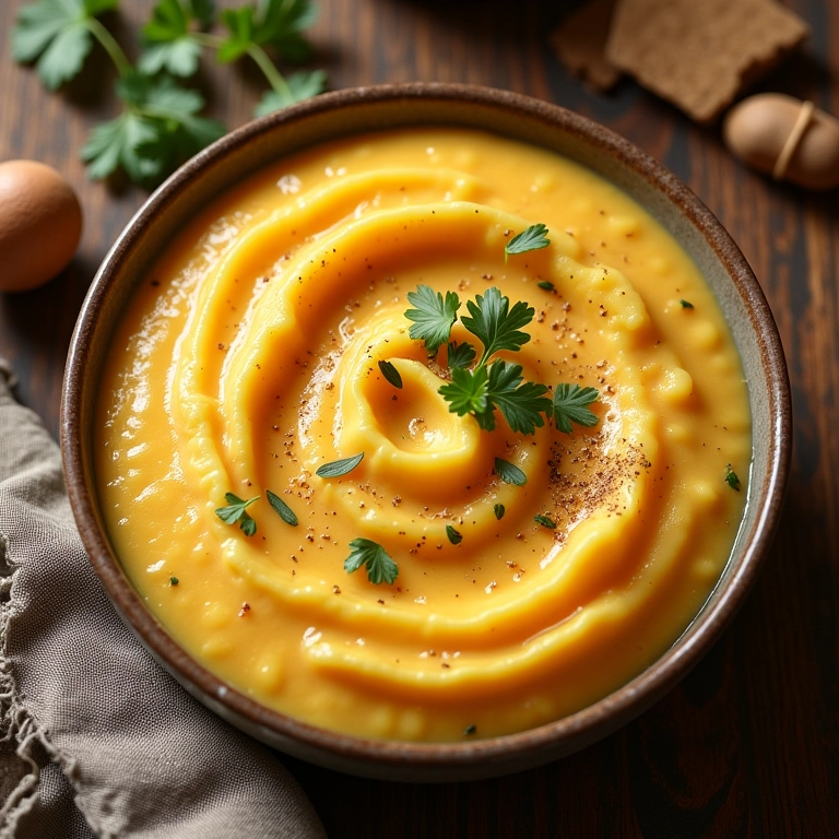 Purê de cará cremoso com um toque de noz-moscada e ervas frescas.