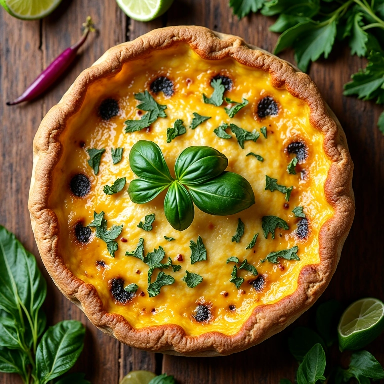 Quiche sem massa apetitosa em mesa de madeira rústica, com ervas frescas.