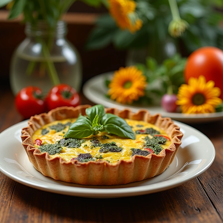 Quiche sem massa de legumes deliciosa em prato colorido.