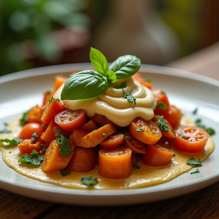 Ratatouille cremoso com molho de castanha de caju e manjericão fresco.