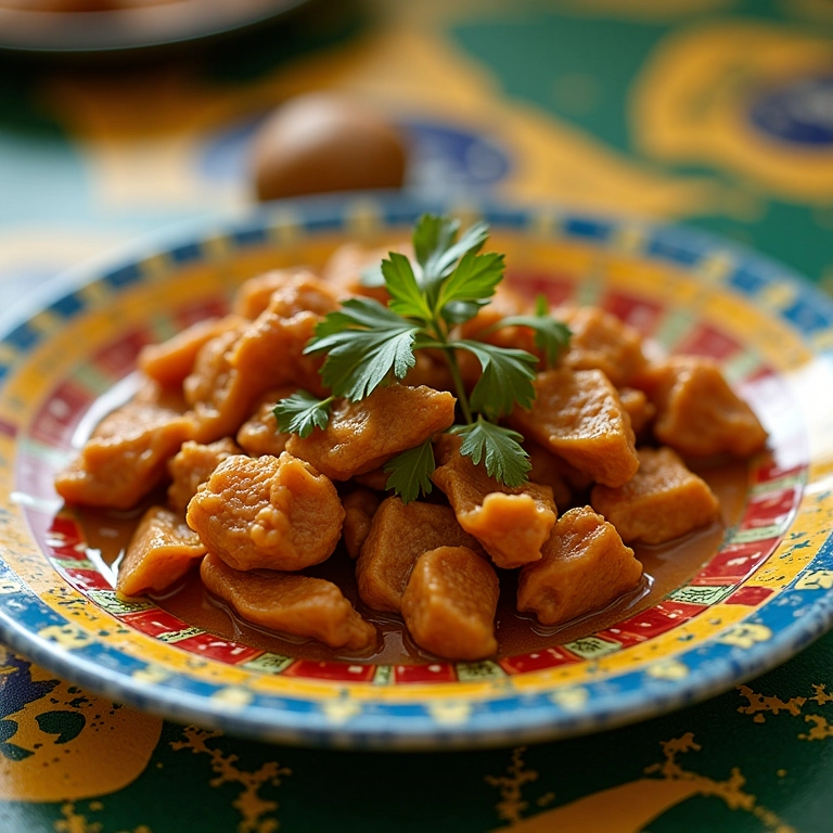 Refogado de ora-pro-nóbis com frango em um prato colorido.