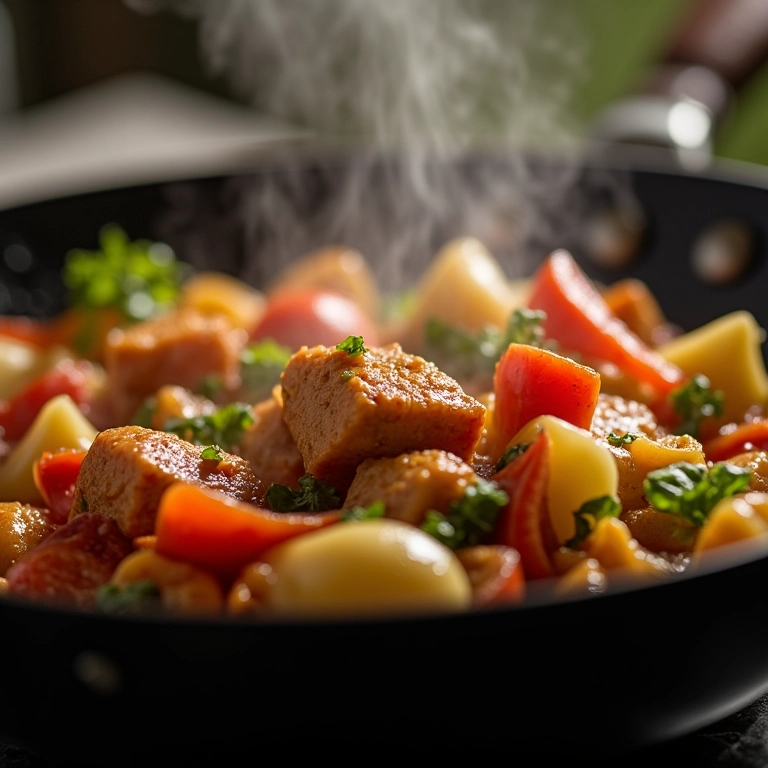 Refogado rápido em wok com legumes e proteína.