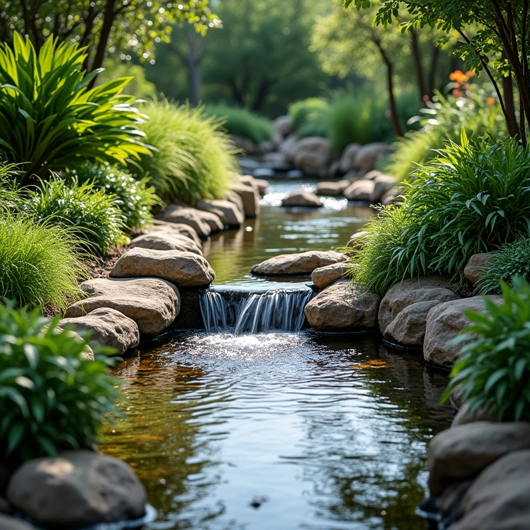 Rio artificial sereno em um jardim exuberante, com pedras naturais e plantas aquáticas vibrantes.