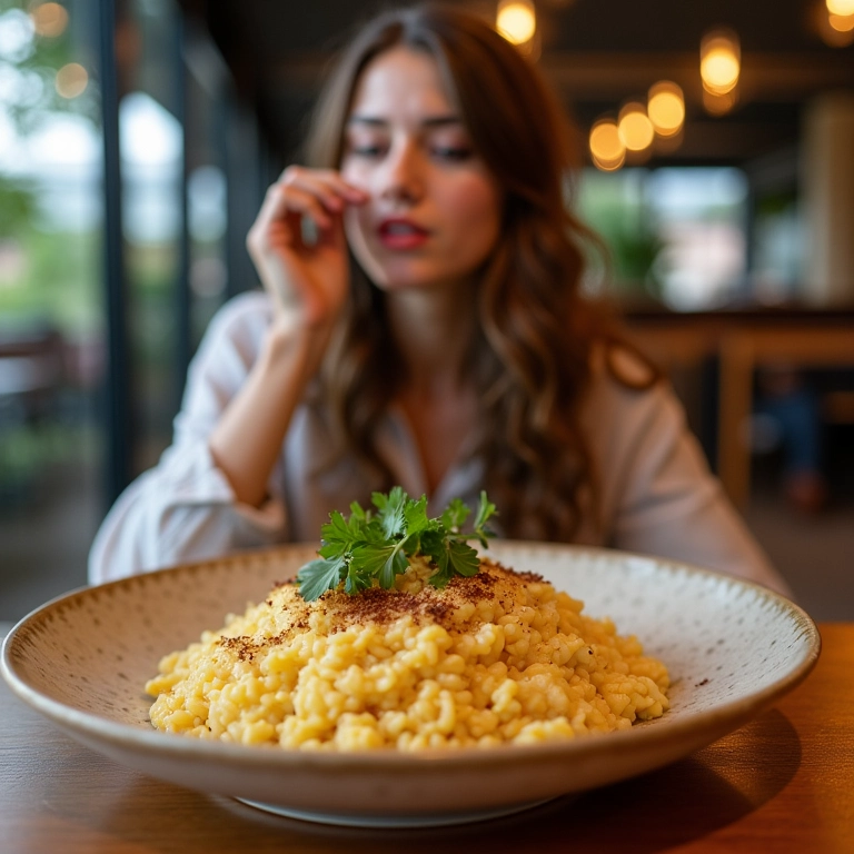 Risoto de Tucupi com Camarão em um restaurante moderno.