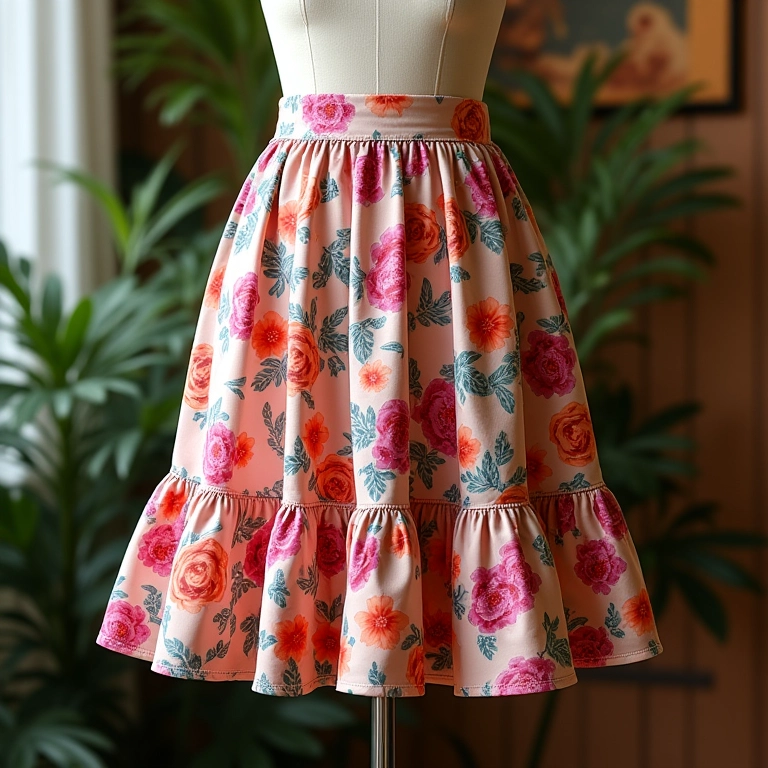 Saia trompete com babado e estampa floral vibrante em manequim.