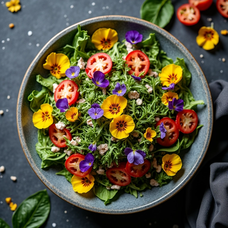 Salada colorida artisticamente montada com flores comestíveis, pronta para ser apreciada.
