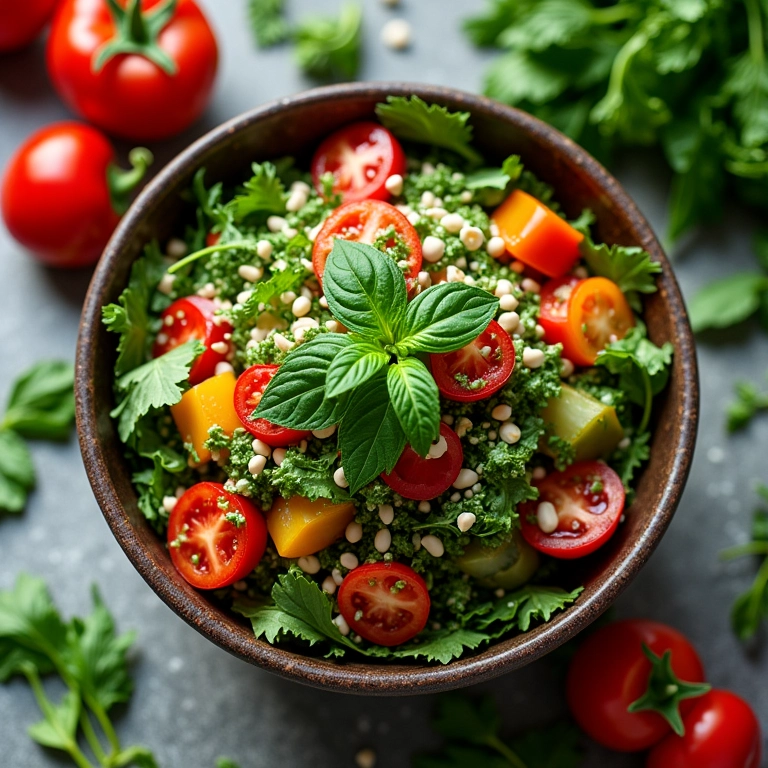 Salada colorida com temperos frescos e ingredientes vibrantes.