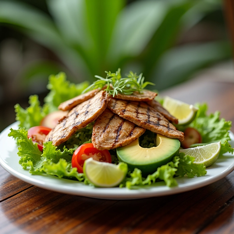 Salada de abacate com frango grelhado.