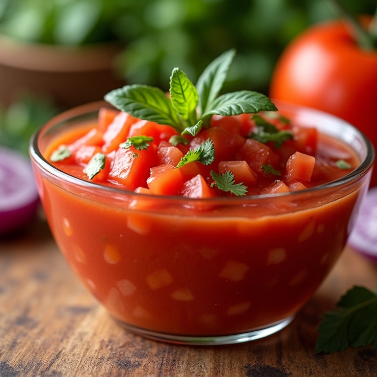 Salada de maxixe com tomate e cebola roxa em tigela de vidro, cozinha Farm Rio ao fundo.