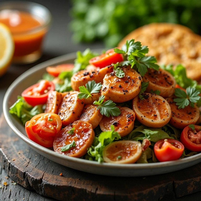Salada de pupunha com frango grelhado e molho agridoce, uma opção leve.