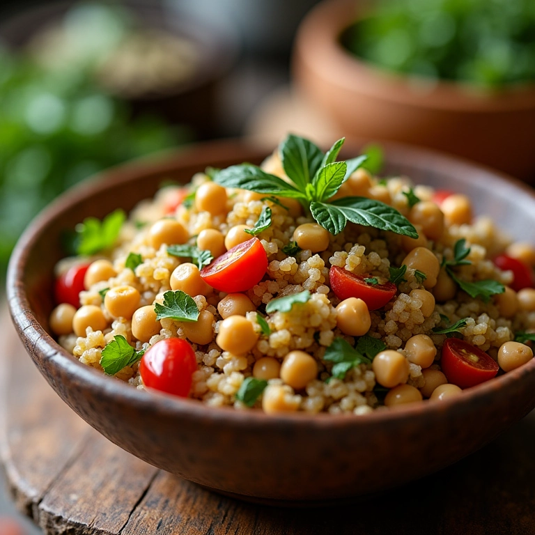 Salada de quinoa e grão de bico, rica em proteína e sabor.