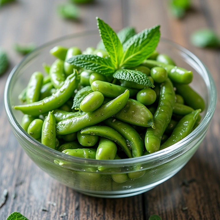 Salada refrescante de edamame com pepino, hortelã e vinagrete leve.
