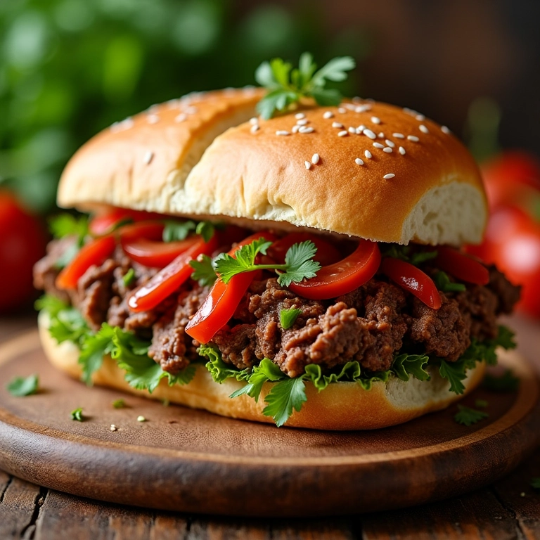 Sanduíche de Carne Louca apetitoso em uma tábua de madeira rústica.